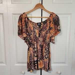 Angie Womens Paisley Floral Babydoll Top Size 1X‎ Boho Smocked Y2K Festival